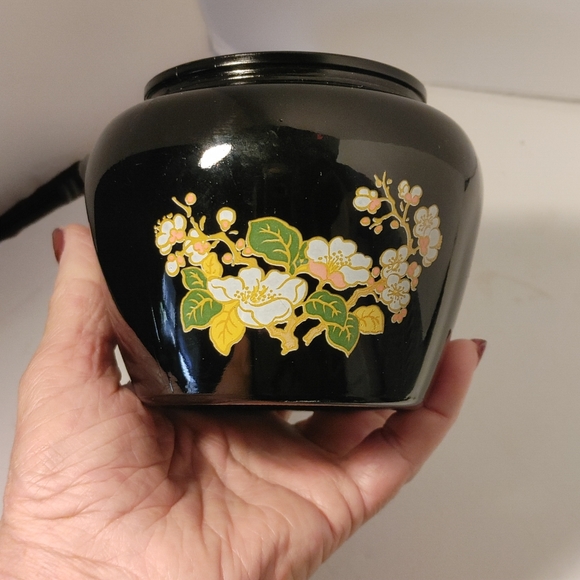 Avon Black Jar with Lid Floral Design on Front Possible 1970's - Picture 2 of 8
